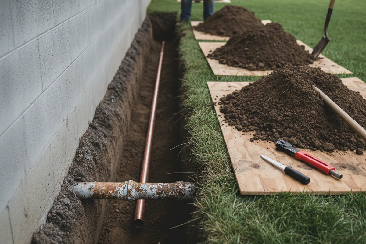 Excavated water line trench during Sewer Line Repair in Sheppton